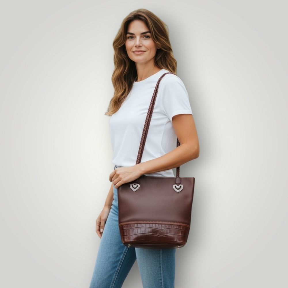 Brighton Leather Shoulder Tote Bag Brown Croc Embossed Trim Braided Straps Heart